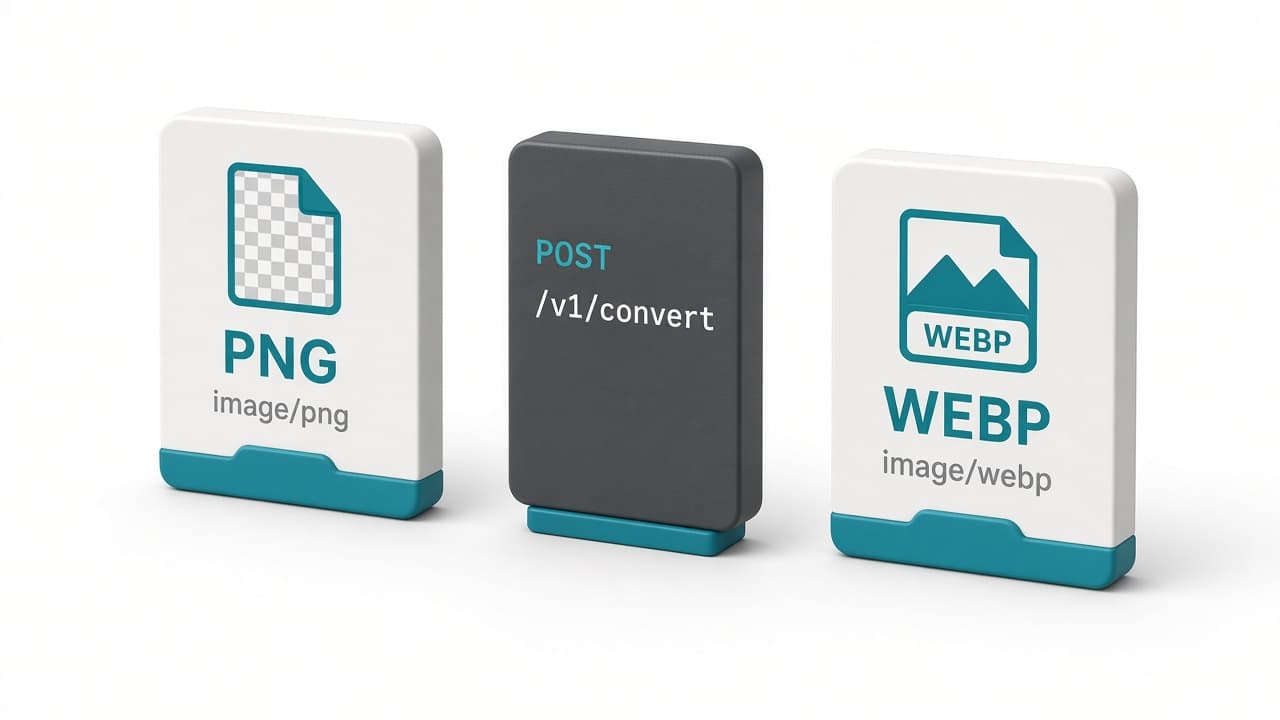 PNG file card, POST /v1/convert block, and WEBP file card